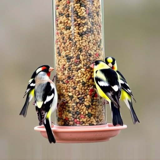 Finches feeding on nyjer seed feeder