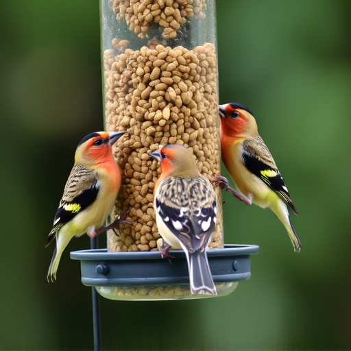 Finches feeding on nyjer seed feeder