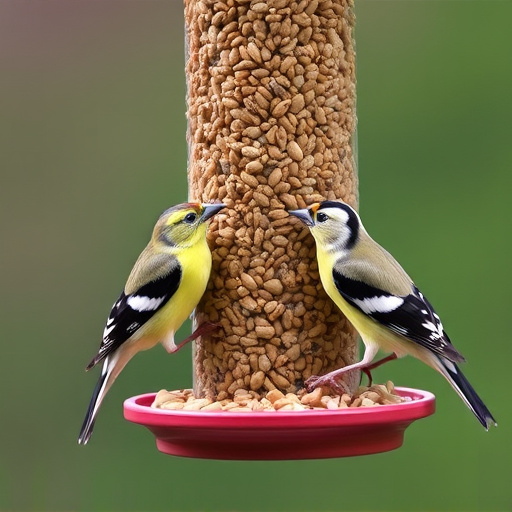Finches feeding on nyjer seed feeder