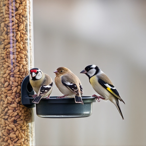 Finches feeding on nyjer seed feeder