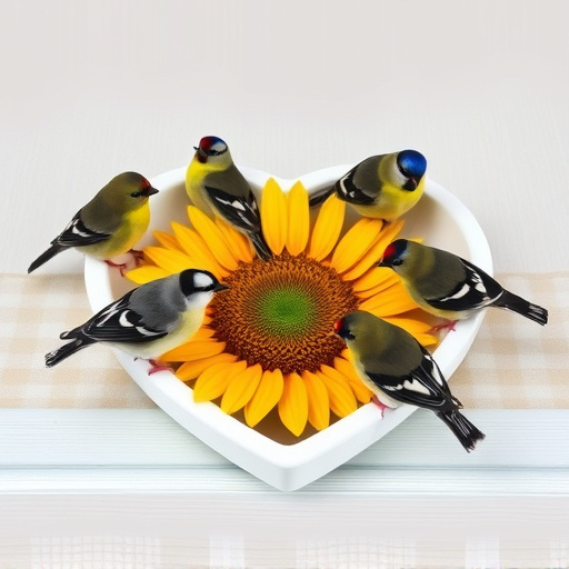 Finches gathered around sunflower heart dish
