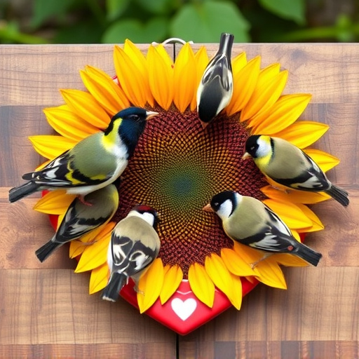 Finches gathered around sunflower heart dish