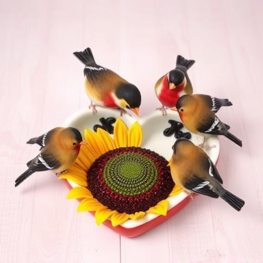 Finches gathered around sunflower heart dish