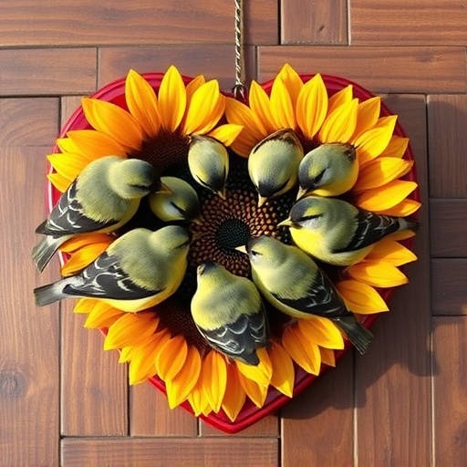 Finches gathered around sunflower heart dish