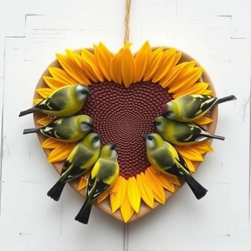 Finches gathered around sunflower heart dish