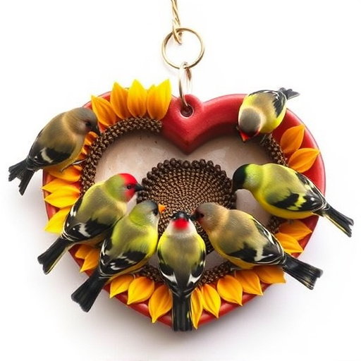 Finches gathered around sunflower heart dish