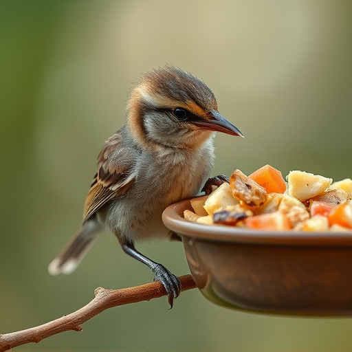 Fledgling bird receiving nutritious meal