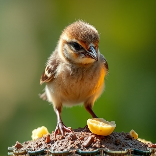 Fledgling bird receiving nutritious meal