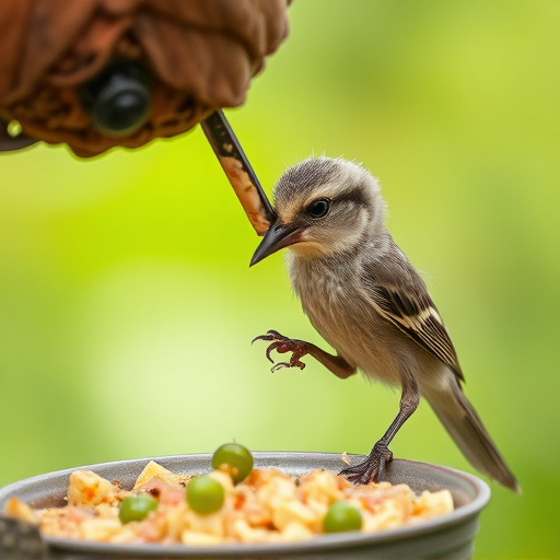 Fledgling bird receiving nutritious meal