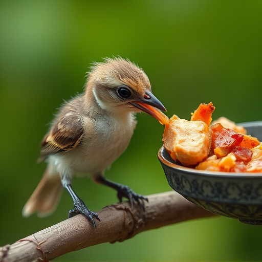 Fledgling bird receiving nutritious meal