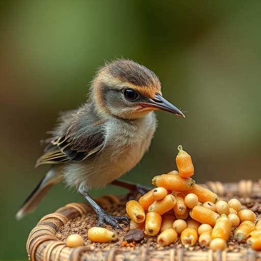 Fledgling bird receiving nutritious meal