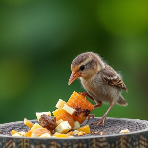 Fledgling bird receiving nutritious meal