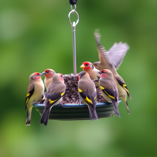 Flock of finches on nyjer feeder