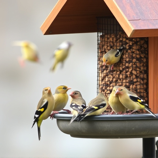 Flock of finches on nyjer feeder