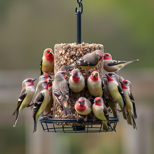 Flock of finches on nyjer feeder
