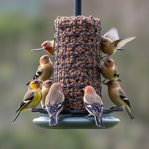 Flock of finches on nyjer feeder