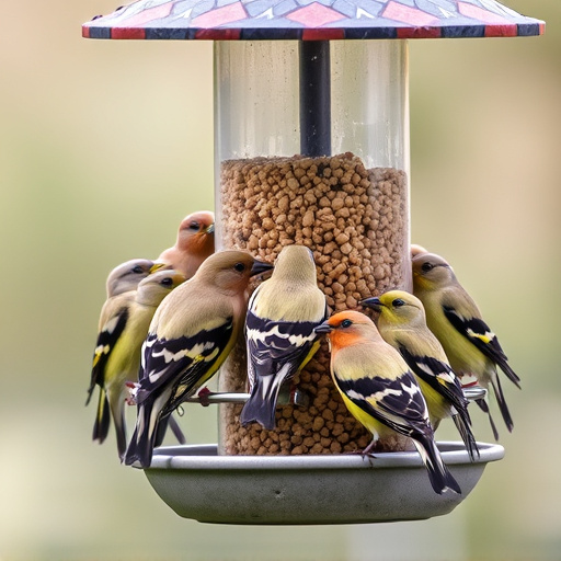 Flock of finches on nyjer feeder