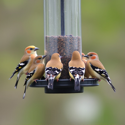 Flock of finches on nyjer feeder