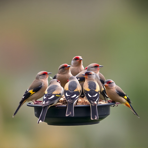 Flock of finches on nyjer feeder