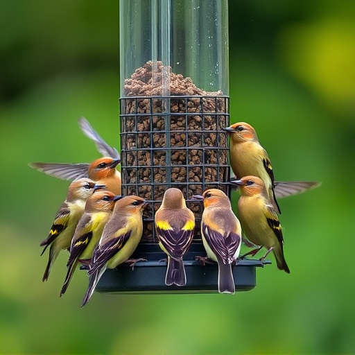 Flock of finches on nyjer feeder