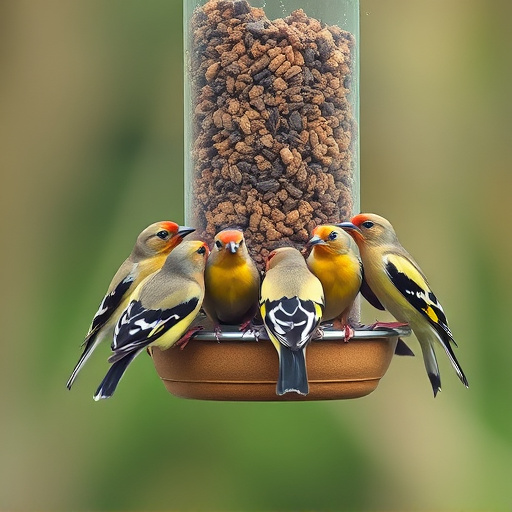 Flock of finches on nyjer feeder