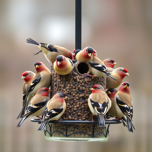 Flock of finches on nyjer feeder