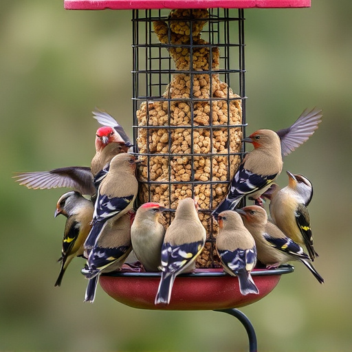 Flock of finches on nyjer feeder