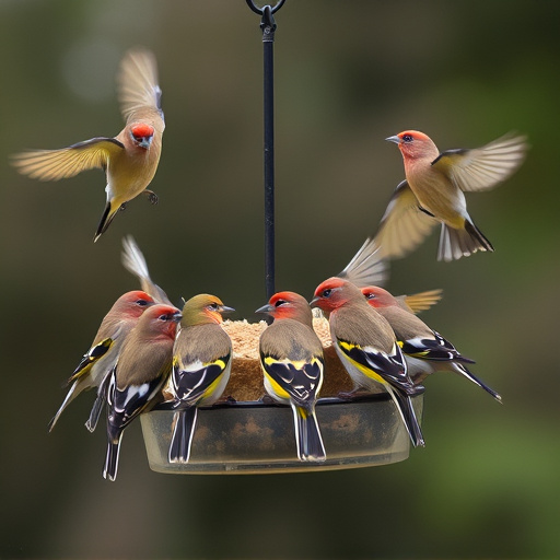 Flock of finches on nyjer feeder