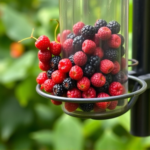 Fresh berries on garden bird feeder
