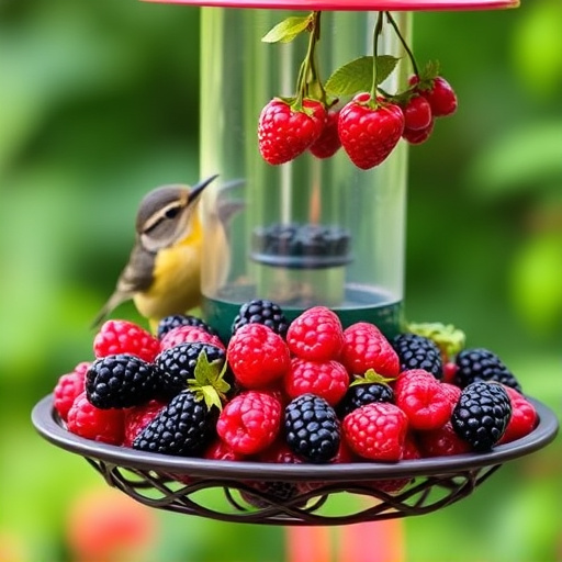 Fresh berries on garden bird feeder