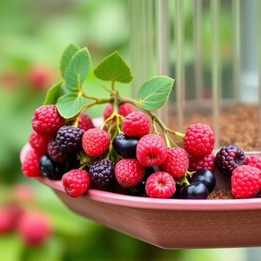 Fresh berries on garden bird feeder