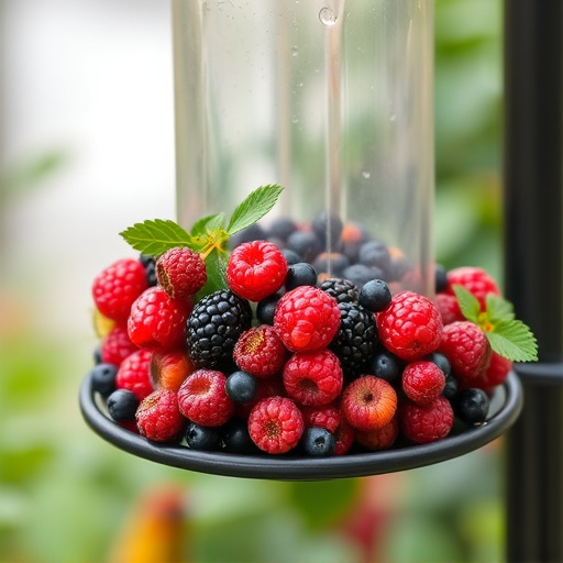 Fresh berries on garden bird feeder