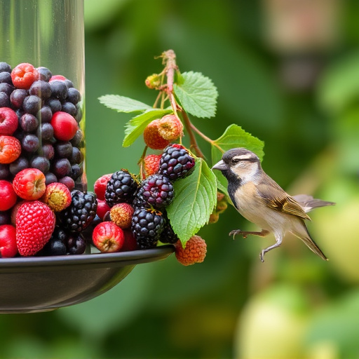 Fresh berries on garden bird feeder