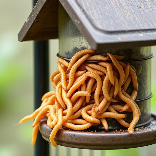 Fresh mealworms on garden bird feeder