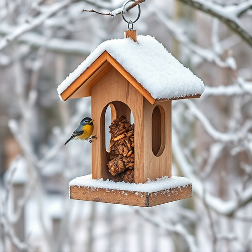 Frost-covered suet feeder in winter garden