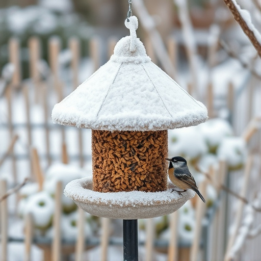 Frost-covered suet feeder in winter garden
