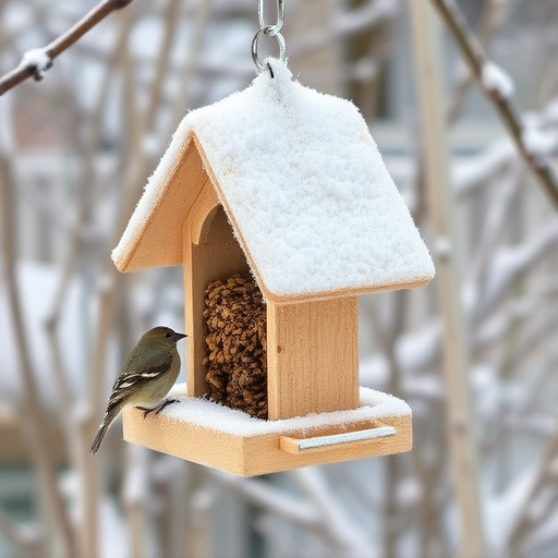 Frost-covered suet feeder in winter garden