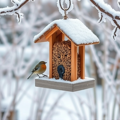 Frost-covered suet feeder in winter garden
