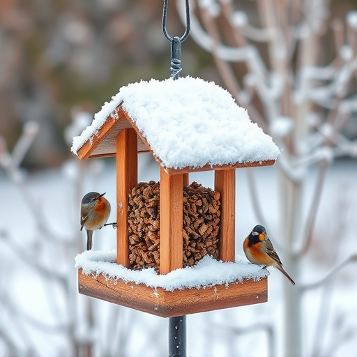 Frost-covered suet feeder in winter garden