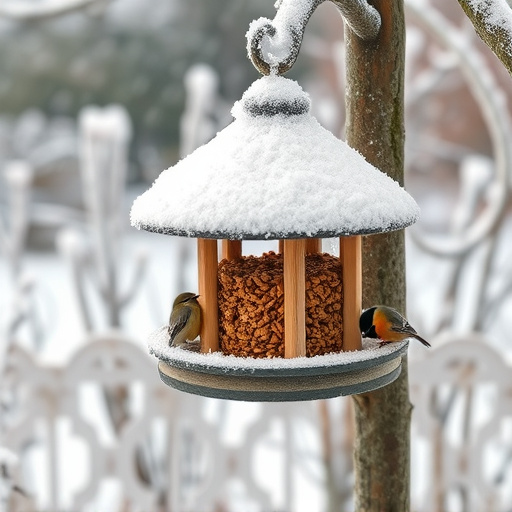 Frost-covered suet feeder in winter garden