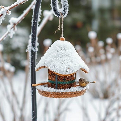 Frost-covered suet feeder in winter garden