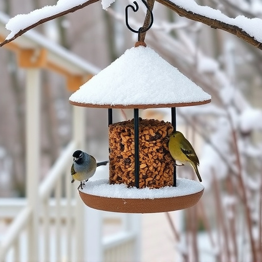 Frost-covered suet feeder in winter garden