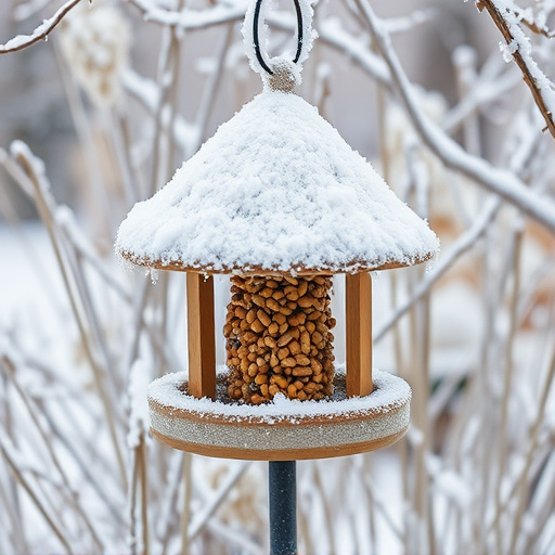 Frost-covered suet feeder in winter garden