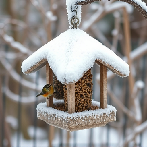 Frost-covered suet feeder in winter garden