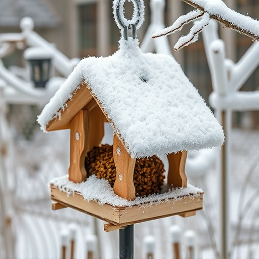 Frost-covered suet feeder in winter garden
