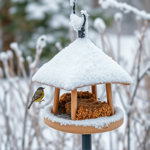 Frost-covered suet feeder in winter garden