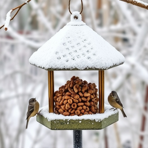 Frost-covered suet feeder in winter garden