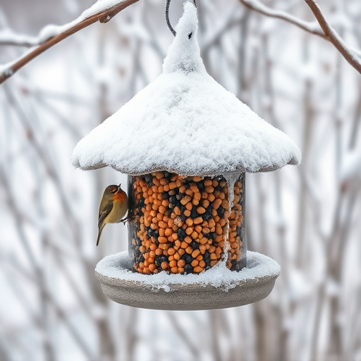 Frost-covered suet feeder in winter garden