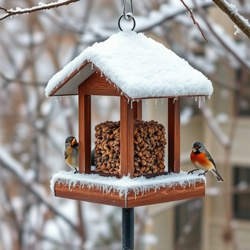 Frost-covered suet feeder in winter garden
