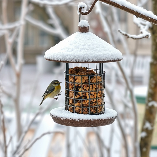Frost-covered suet feeder in winter garden